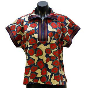 Emily McCarthy Poppy Print Blouse Red Tan Navy Gold Zip M